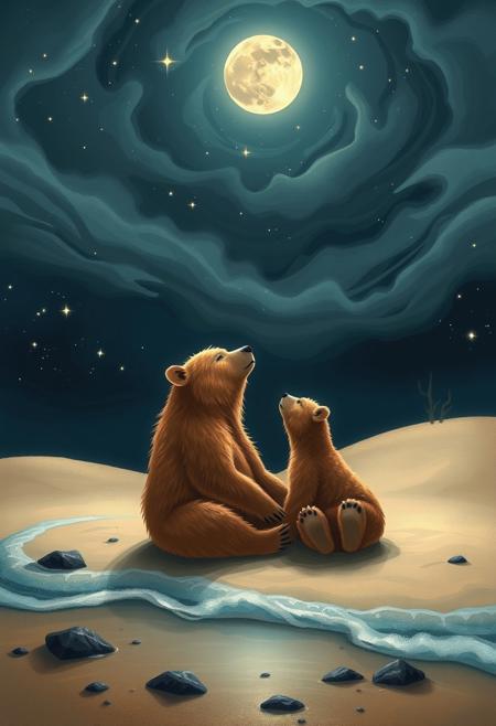 Under starry skies, a mother bear and her cub sit together on a moonlit beach, surrounded by the gentle lapping of the waves. The mama bear's fur is a warm golden brown, blending with the sandy dunes behind them. Her curious little one gazes up at the swirling clouds, stars twinkling like diamonds scattered across the velvety darkness. The air is crisp and cool, filled with the sweet scent of saltwater and seaweed. The bears' profiles are illuminated by a soft, silvery light, as if the moon itself has come to join them in their stargazing reverie.
