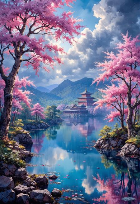 mythp0rt, ArsMJStyle, impressionism, extremely detailed, smooth and sharp, ultra realistic ominous and dark, deep shadows, cherry blossom tree forest surrounding a wide blue lake in the foreground, the clear water reflecting the sunlight, a distant Japanese town hugging the lake-edge, detailed and intricate, with myriad streets and a central Japanese palace, busy skies before the storm, clouds are dense and huge, winds disturbing treetops and blowing petals across the lake's surface, dense clouds, intricate details, desolate, intricate and detailed,
