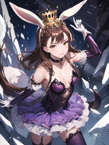 masterpiece,best quality,highres,cinematic lighting,dramatic angle,1girl,<lora:DarkAliceV1:0.8:lbw=jiangshi3>,brown hair,brown eyes,ribbon,bowtie,hairband,choker,purple dress,coolarbone,elbow gloves,thighhighs,looking at viewer,evil smile,striped,shards,crown,rabbit ears,tail