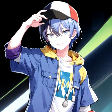 <lora:Toya2024-09:0.77>, toyakun, solo, looking at viewer, smile,  shirt, hat, closed mouth, jacket, upper body, short sleeves, hood, hoodie, hood down,baseball cap, multicolored clothes, drawstring, light blue hair, layered sleeves, short over long sleeves, multicolored jacket, backwards hat