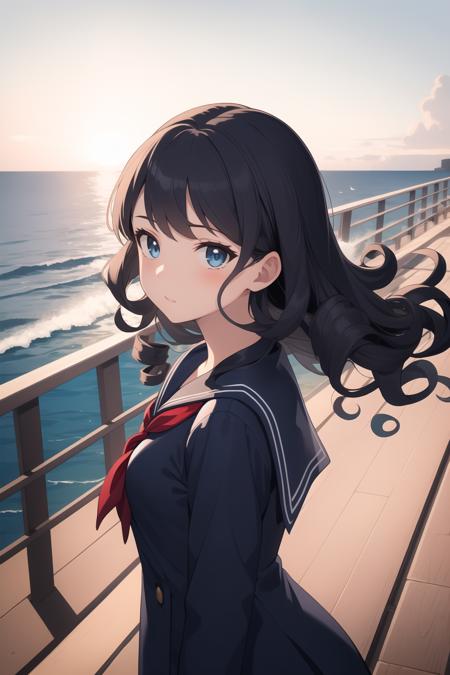 masterpiece,best quality,1girl,close up,boardwalk,magnificent ocean in background,gentle breeze,long hair,curls,blue,sailor uniform