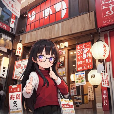 masterpiece, best quality, ultra-detailed, illustration,
1girl, glasses, black hair, long hair, sweater, long skirt, shy smile, happy, thumbs up, looking at viewer, upper body,
yukari, storefront, food, night, sign, paper lantern, lantern, shop, 
<lora:Okonomiyaki_Yakari_SD15_V1:0.6>