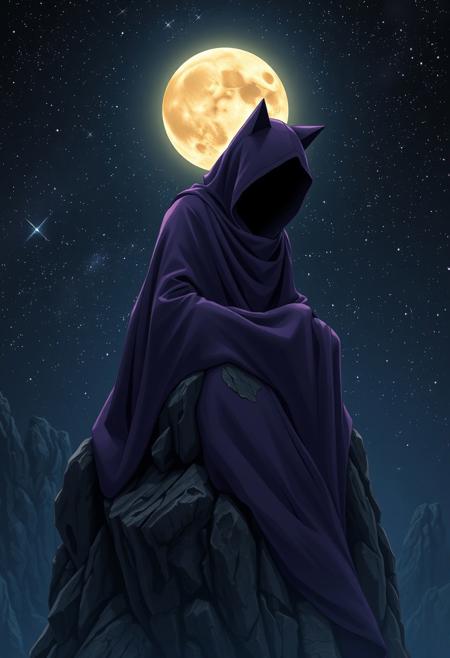 A mysterious, cat hooded figure draped in a long, flowing purple cloak sits solemnly on the edge of a rugged, rocky cliff. The figure’s face is hidden in deep shadow, adding an aura of enigma and solitude. The background features a vast, dark starry sky with countless shimmering stars, dominated by a large, glowing, yellowish moon, casting a faint ethereal light. The rocky formations are detailed, textured, and rugged, creating a stark contrast with the smooth, almost liquid-like fabric of the cloak. The overall mood is surreal, melancholic, and otherworldly, with deep shadows and cool, muted color tones emphasizing mystery and cosmic loneliness
,  anime, cyberpunk