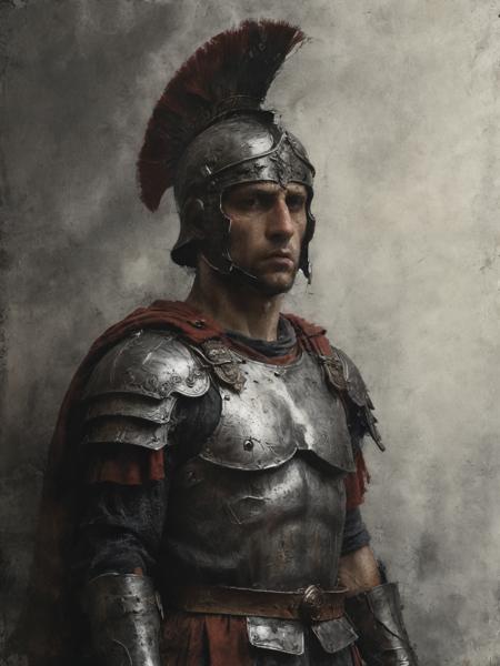 a Roman soldier in full armor, standing tall with a serious expression on his face. on the background  military , ((masterpiece)) , ((detailed)),    <lora:Desolation:0.8>