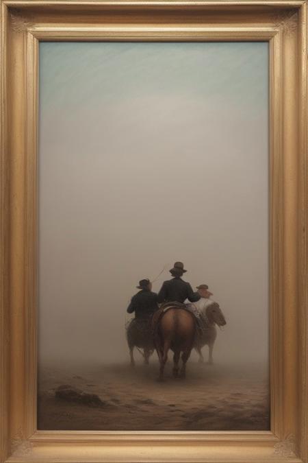 A dynamic painting in soft pastel colors depicting figures in motion through a thick fog, evocative of the Dutch Golden Age style.  The painting features soft brushwork, blurred lines, and action poses, creating a gentle and soothing atmosphere.