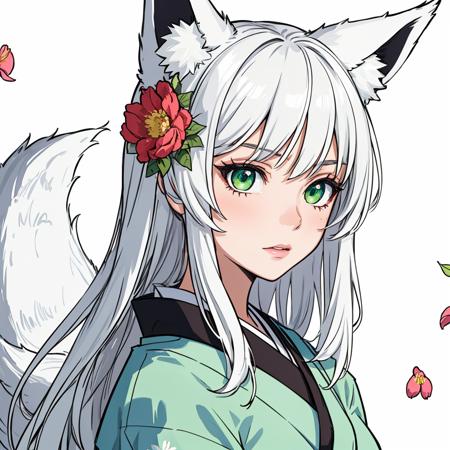 1girl, solo, detailed face, detailed eyes, green eyes, white hair, long hair, fox ears, fox tail, kimono, (abstract), (flowers), (flower), leaves, (sfw)