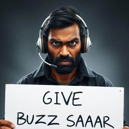 indian tech support guy, with creepy looking eyes holding a sign that says "GIVE BUZZ SAAAR", looking angry