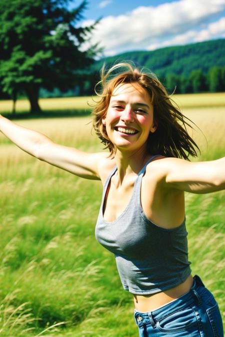 kgface, a photo of a young woman in a field, happy, dancing, brown hair