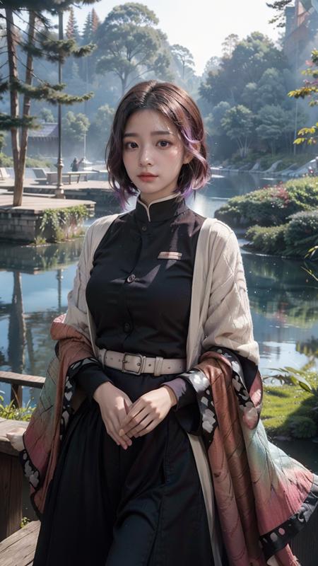 (NFSW:1.3), masterpiece, 8K,(ultra-detailed),(highly detailed CG illustratilon),(1girl:1.3), best quality,(finely detailed beautiful eyes and detailed face),High quality texture, detailed texture, High quality shadow, Depth of field, ((vivid)),
thin body, blush, big eyes, (short hair:1.3), solo, kochou shinobu, (butterfly hair ornament), purple eyes, (multicolored hair), parted bangs, haori, wide sleeves, long sleeves, black pants, black jacket, belt,
tree, huge pines, lake, Sunlight filtering through leaves, mountain,
<lora:CS:0.43><lora:add_detail:0.4><lora:lightV1:0.6><lora:kochou_shinobu_v1.2:0.8>