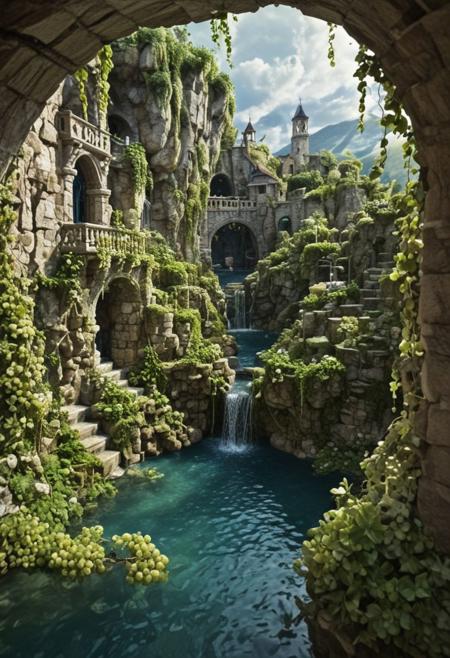 mixed media style, glazing, furry, abstract, surrealism. water, white grapes, ivy, flowers, gondola, northern lights, shonari, day, grotto, forged and stone sculptures in the landscape. layout, tilt-shift, interesting. three-dimensional 3D image, new artistic composition in the fantasy style, fairy tale, professional photo, convex, openwork, a lot of complex details, voluminous, multi-layered, beautiful, photorealistic, detailed. colored ink