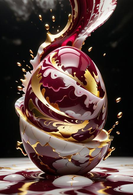 A dramatic scene featuring a liquid marble egg composed of swirling ruby and gold hues. The egg is partially shattered, with fragments floating in mid-air as if frozen in time. The swirling liquid marble flows out from the cracks, dripping and melting in delicate streams, while the explosion of energy seems to pulse through the ruby and gold tones. The shattering effect creates an ethereal glow, with glowing streaks of gold contrasting against the deep ruby red. The surrounding space is filled with a sense of movement as the pieces of the egg drift away, the liquid marble itself swirling and changing form, as though the egg is both exploding and melting simultaneously. The overall image conveys a sense of transformation and dynamic motion, with the broken egg representing a sudden, chaotic release of energy.