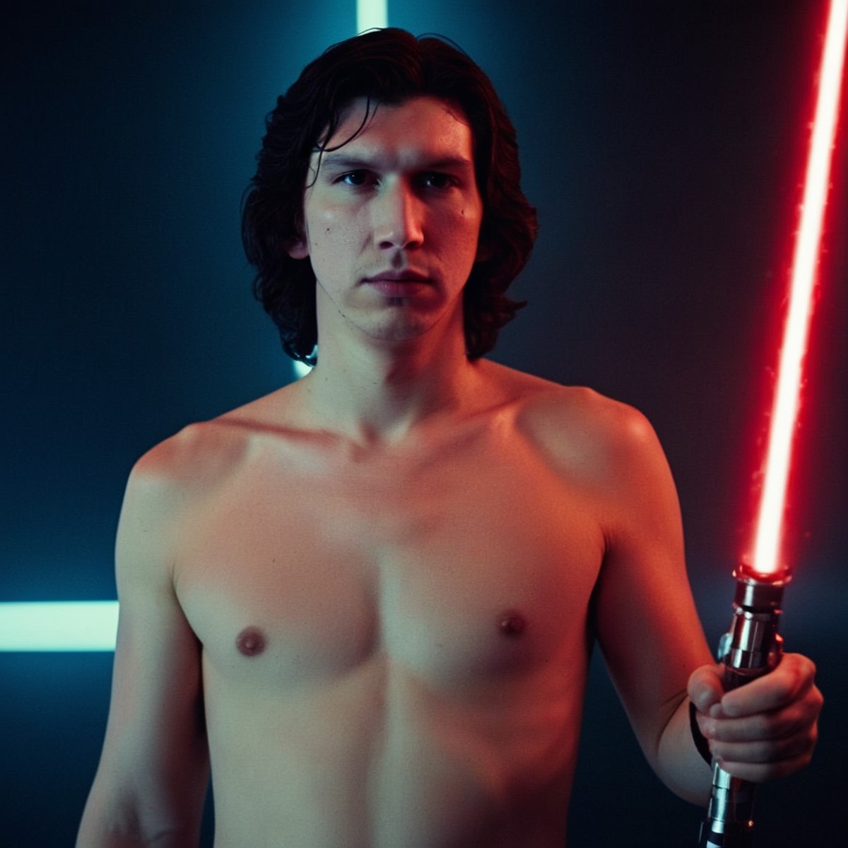 cinematic film still of  <lora:Ben Solo:1>
Ben Solo a man with a shirtless body and a red light saber in star wars univers...