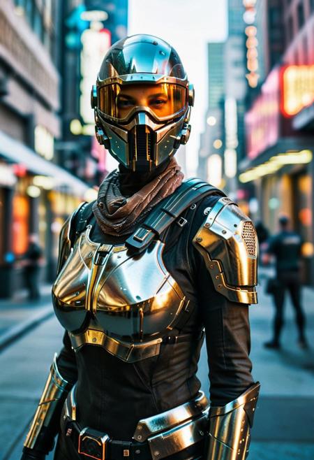 score_9, score_8, score_7, score_6, (film photography style:1.5), heavy grain, upper body shot, female bounty hunter, science fiction armor, hi-tech armor, polished armor, bandana, goggles, science fiction, cyberpunk style, distopian futuristic city street, depth of field, bokeh, dof, high detailed texture, ultra-detailed, Original Character, Beautiful character design, official art, perfect body, perfect exposure, high res image,masterpiece,best quality