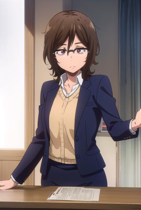 owarihajime, <lora:owari hajime s2-lora-nochekaiser:1>,
owari hajime, brown hair, (brown eyes:1.5), glasses, over-rim eyewear,
BREAK skirt, shirt, jacket, formal, suit, office lady,
BREAK indoors,
BREAK looking at viewer,
BREAK <lyco:GoodHands-beta2:1>, (masterpiece:1.2), best quality, high resolution, unity 8k wallpaper, (illustration:0.8), (beautiful detailed eyes:1.6), extremely detailed face, perfect lighting, extremely detailed CG, (perfect hands, perfect anatomy),