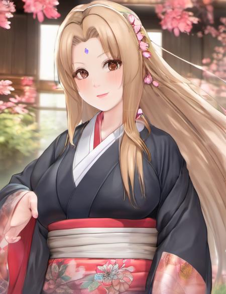 (masterpiece:1.4),best quality, 1girl, (huge breasts:1.3), curvy, hyperdetailed, adult, mature, woman, heart hair ornament, blush, thick lips,full body,
 ,kimono, japanese clothes,bra, <lora:ttsunade1:1>, long blonde hair,