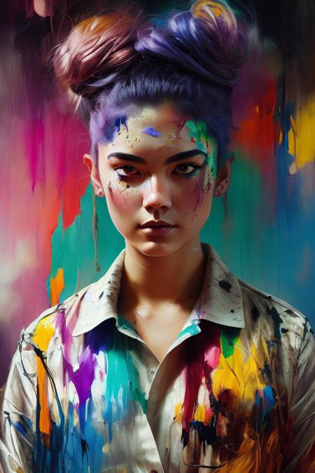 PiroxiumDiffusion style, A portrait of a thoughtful artist with a messy bun, a paint-splattered shirt, and intense eyes, holding a paintbrush and standing in front of a canvas.