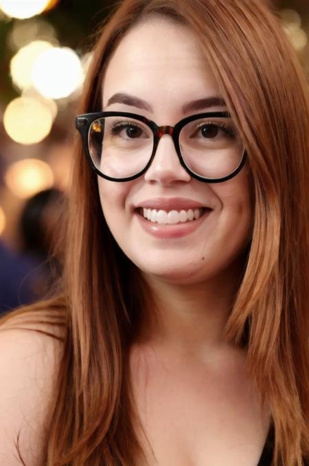 Photo of j3ssc4r0l1n3 woman, detailed face, (blurred background)+, smiling happy in a night party, glasses