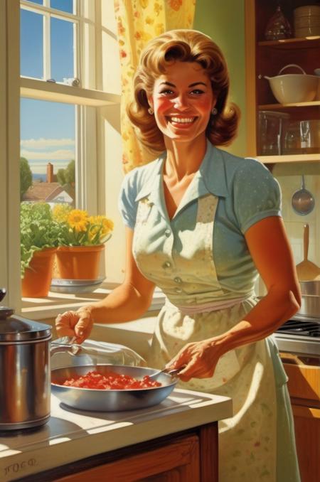 <lora:Richard Hescox Style:1> Richard Hescox Style , paperback artwork , A highly detailed mother in her kitchen preparing meal, window sunny day, happy, smiling,