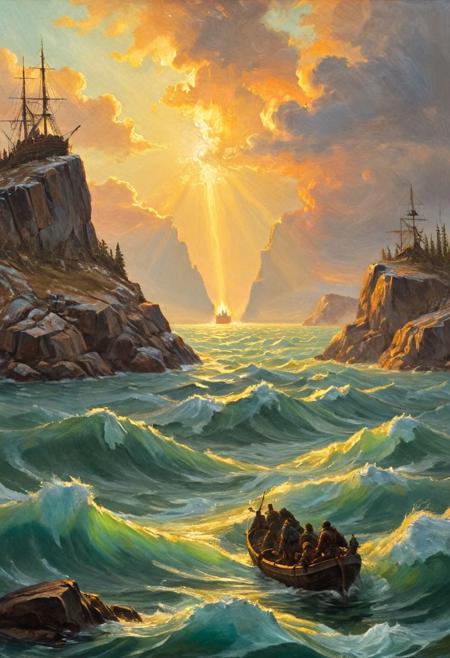 for just one time I would take the Northwest Passage To find the hand of Franklin reaching for the Beaufort Sea Tracing one warm line through a land so wild and savage And make a Northwest Passage to the sea, oil painting, linquivera, best quality, masterpiece, detailed, intricate details, 8k, 19th century