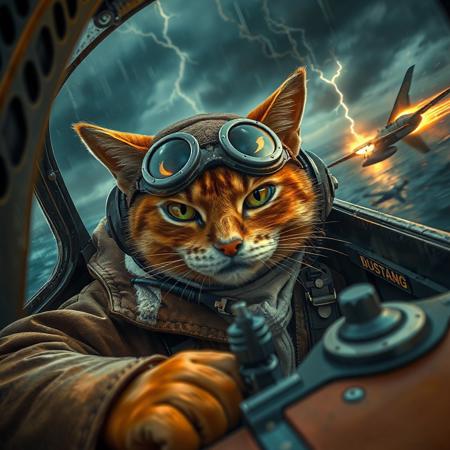 cinematic cockpit close-up, anthropomorphic orange tabby cat WWII fighter pilot, intense expression, gripping throttle and joystick in a worn P-51 Mustang, brown leather flight jacket with shearling collar, white silk scarf fluttering, leather aviator cap with ear holes and squadron patch (claw + lightning bolt), scratched goggles reflecting glowing amber dials, green eyes narrowed, oxygen mask on muzzle, headset over ears, dramatic rain-streaked canopy, bullet marks, chaotic aerial dogfight outside — smoke trails, tracers, enemy plane in flames spiraling down, lightning flashing over stormy ocean, vivid motion blur, ultra-detailed fur, dramatic lighting, cinematic contrast, colors: brown, olive, silver, fiery orange, green, stormy blue sky, (hyper-realism:1.2), (tense atmosphere:1.1), (action anime style:0.8)
Negative Prompt:
blurry, poorly drawn, disfigured, deformed hands, low detail, bad anatomy, extra limbs, extra eyes, out of frame, watermark, text, logo, jpeg artifacts, cropped, low contrast, untextured
