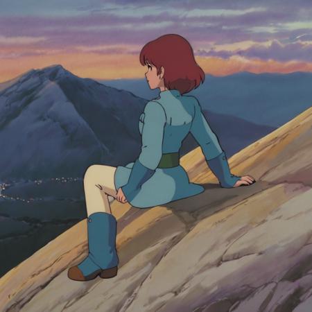 full-length image in gg artstyle from behind of n with b hairstyle wearing c outfit sitting on a mountain top at dusk