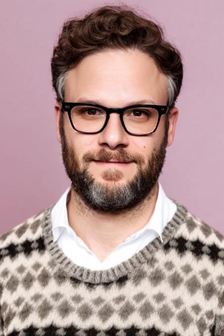 <lora:Seth_Rogen_Lora-12:0.9>, man, glasses, high quality, wearing sweater, detailed face, headshot, professional lighting, realistic, plain pastel background