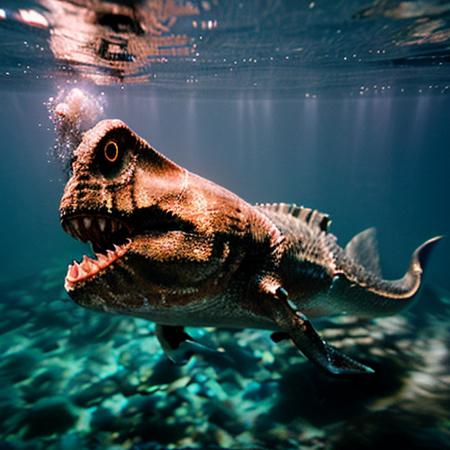 realistic, photography, high quality, water, underwater, fish, ocean, dinosaur [dinosaur: shark: 0.5]  <lora:FDDino:1>