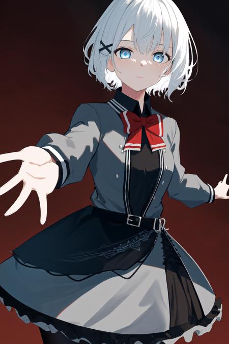 masterpiece, best quality, highres, 1girl white hair blue eyes x hair ornament, red bowtie black shirt grey jacket grey dress black skirt black belt frills black pantyhose <lora:siesta:1> outstretched arms, reaching out