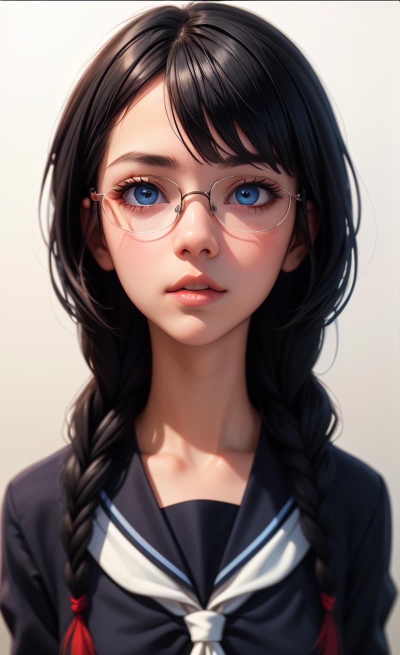 Blue-eyed, long-haired anime girl wearing glasses and a black shirt with white stripe.