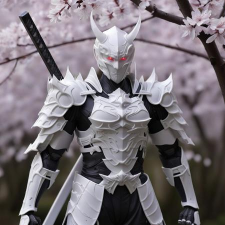 whitemold,3d printed mold,art style,greyscale,monochrome, masterpiece,(best quality), official art,extremely detailed cg 8k wallpaper, ((crystalstexture skin)),(extremely delicate and beautiful),highly detailed, WhiteMold, art style, 3d printed mold, A realistic Samurai holding a sword made of 3d printed mold, solo, armor made of 3d printed mold, 1boy, male focus, holding, dual wielding, samurai, helmet made of 3d printed mold, katana made of 3d printed mold, horns, holding weapon, japanese armor made of 3d printed mold, holding sword, light pink skin, red eyes, full body, fighting stance, Tokio background, tokio, Sakura tree, cherry blossom tree, tree made of 3d printed mold, glowing, glowing eyes, sheath, standing, gloves, teeth, japanese clothes, white hair, shoulder armor, demon, looking at viewer, chicken mask made of 3d printed mold, ponytail, fangs, sharp teeth, 3d printed mold shape armor