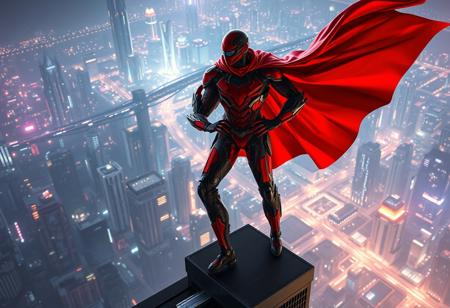 A dynamic concept art masterpiece of a formidable cyborg superhero poised majestically on a precarious rooftop ledge, overlooking a sprawling futuristic metropolis. The cyborg's vibrant red and black superhero costume, intricately designed with a sleek black belt and a majestic red and black cape frozen mid-flow, radiates power and purpose. Their hands are firmly on their hips, projecting an aura of resolute determination and readiness for action. The attractive background reveals a multi-layered city skyline, illuminated by neon glows and holographic projections, creating a stunning visual contrast. This CGSociety and Artstation trending image is a beautiful matte painting with sharp lines and distinct brush strokes, employing stunning, harmonious multi-colored hues. Rendered with the contemporary aesthetics of Unreal Engine 5 and Houdini style, it exhibits a 3D sculpted structure, intricate and ornate details, isometric perspective, and a dynamic action pose. The composition is impeccable, with a creative angle that captures the essence of a powerful message and vivid emotions, all handcrafted with precision.