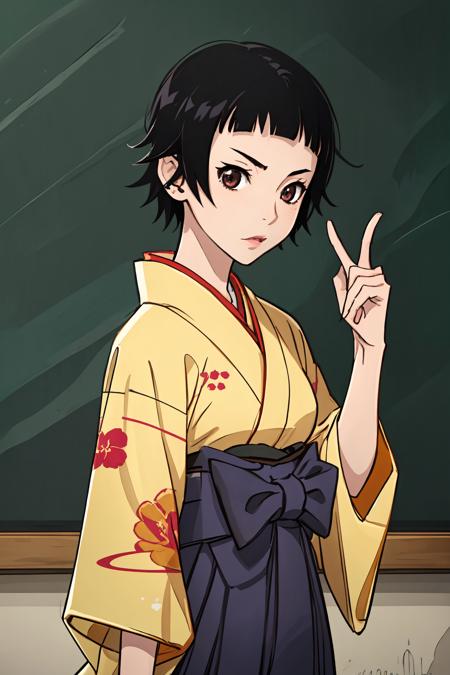 (masterpiece:1.2), ultra detailed, <lora:MatoiTsunetsuki:0.8>, Matoi, kimono, hakama, classroom, blackboard, best quality, looking at the viewer