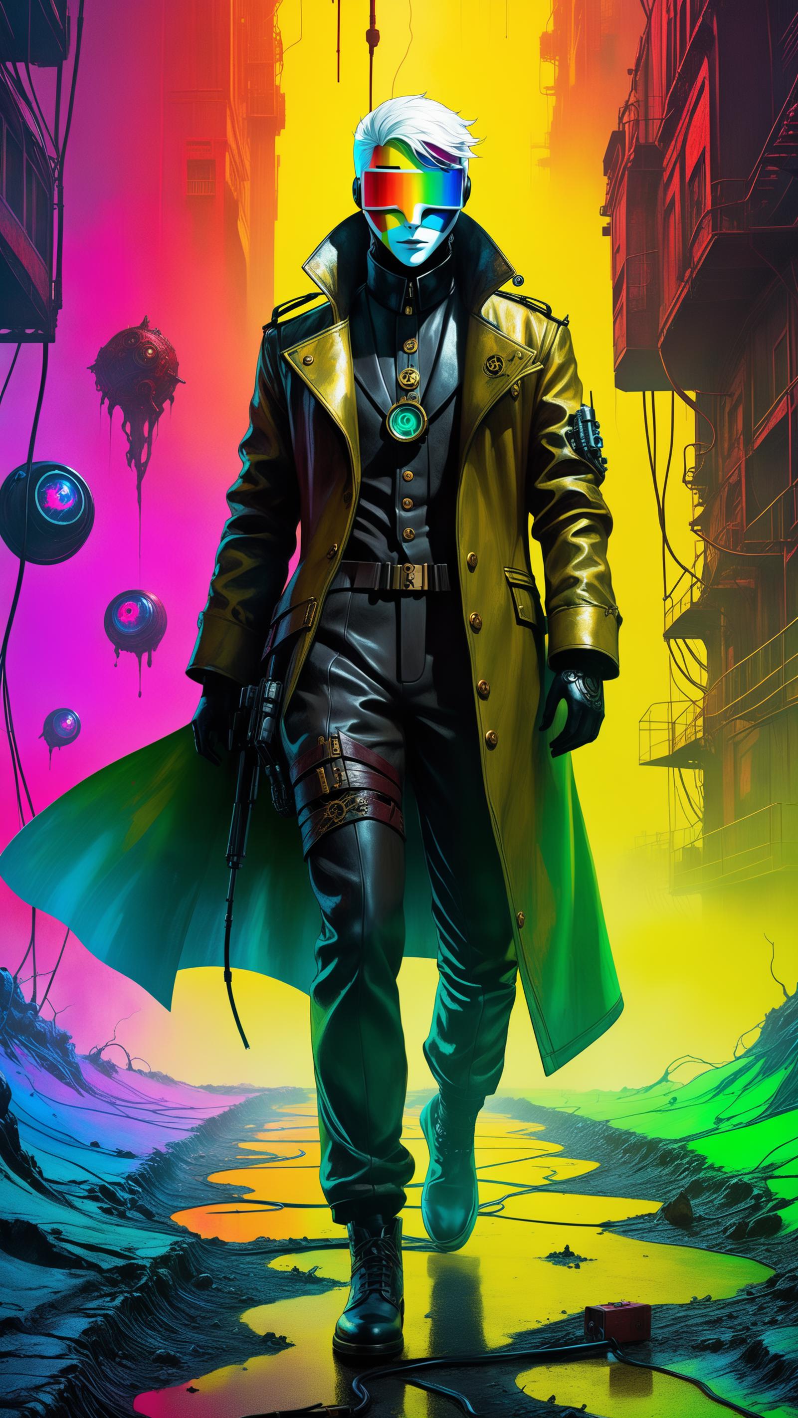 A person in a yellow coat and black pants walking in front of a cityscape.
