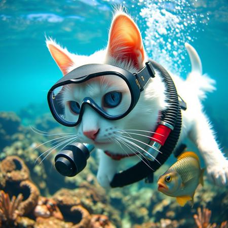 a white cat blue eyes doing scubadiving, cat wearing scuba equipment,cat trying to catch a fish, scuba ,mouth regulator underwater, tropical reef , sea, sunny day, hyper detailed, ultra detailed, hight resolution textures, masterpiece, best quality, 32K UHD,