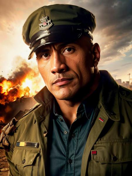 photo of th3r0ck , he is wearing a military clothes,  military cap, in battleground destroyed city. dramatic lighting
<lora:TheRockV3:0.9>