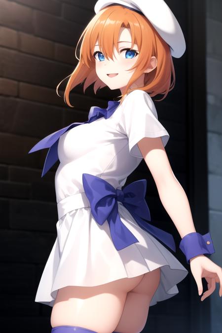 ((masterpiece)),(best quality),official art,extremely detailed CG,unity 8k wallpaper,ultra detailed,beautiful detailed eyes,extremely detailed face,1girl,solo,cowboy shot,looking at viewer,facing viewer,smile,ryuuguu rena,white beret,orange hair,medium hair,hair between eyes,eyes visible through hair,blue eyes,blue collar,white dress,puffy short sleeves,purple bow,blue wrist cuffs,medium breasts,back bow,hip vent,black thighhighs,brown footwear,boots,medium breasts,<lora:Ryuuguu Rena(hnnk)>,