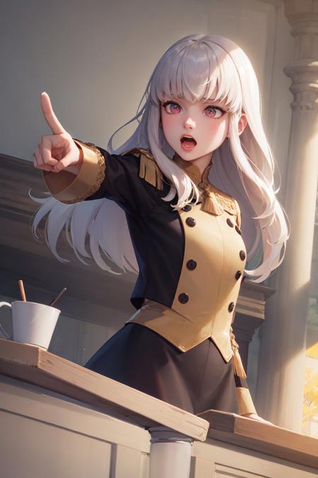 (masterpiece, best quality:1.2), <lora:fireemblem_ordelia_pruned-12:0.8>, <lora:aa_dp-11:0.8>, upper body, solo, 1girl, lysithea von ordelia, open mouth, objection, pointing, long white hair, pink eyes, lysitheauniform