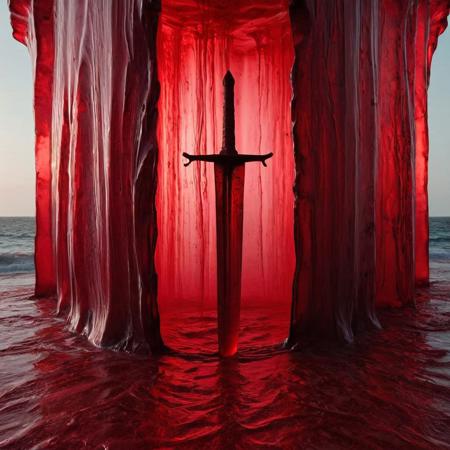 A dramatic, cinematic scene of a transparent red ocean split in two, with towering translucent walls of water on each side, as if held back by an unseen force. In the center, a sword is embedded in the ground, standing tall between the parted sea. The sword is metallic, ancient, and stained with blood-like liquid dripping slowly from the blade. Soft red light glows from within the ocean walls, casting reflections onto the wet ground and the blade. The atmosphere is tense and awe-inspiring, with cinematic lighting, mist in the air, and deep shadows. Hyper-realistic, 8k resolution, fantasy epic style, Blood for the Blood God, blood, translucent, transparent