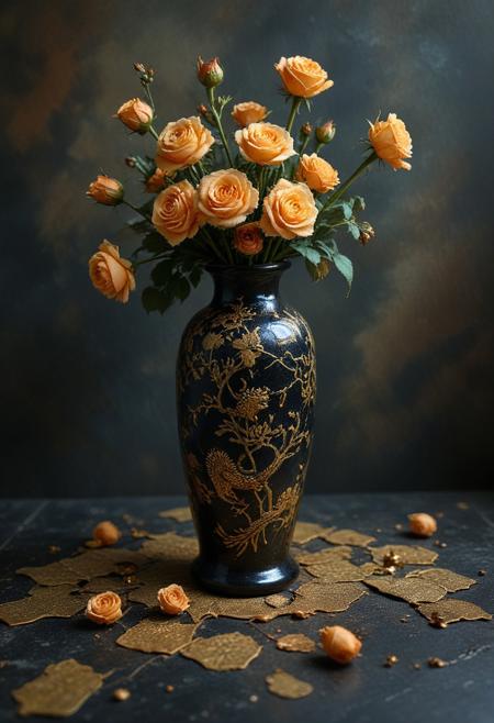 tilt-shift photo of best quality double exposure complex surreal painting on cracked paper, macro, microworld,  hyperdetailed,   insanely detailed ,black roses in vase, bouquet of roses, ceramic vase, gold dragon on vase, black marble floor, sitting on floor, dark background, big eyes 32k, by Rockwell, WLOP Ryniac, Craola, Disney, van Gogh, highly detailed, intricated, intricated pose, high quality, centered, perfect composition.,
<lora:Midjourney_-_SemiReal_Dreams_FLUX_LoRA:1>,<lora:hyper-detail-illustration:1>, Selective focus, miniature effect, blurred background, highly detailed, vibrant, perspective control