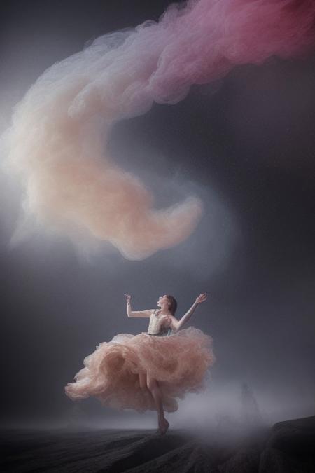 surreal, waltz of fractal smoke over the abyss, fantasy smoke, dresses and stars, dynamics, movement, wind, colorful, intricate details, perspective, hyper-detailed, hyper-realism, professional photoshoot