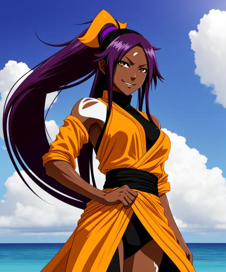 (yoruichi:1.1),, long hair, looking at viewer, smile, bare shoulders, yellow eyes, ponytail, purple hair, outdoors, one eye closed, sky, day, cloud, dark skin, dark-skinned female, ocean, parody,
 <lyco:yoruichiDogu:0.9>