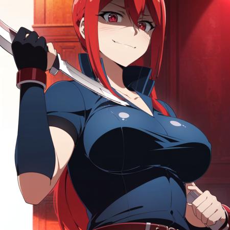 <lora:Akane Hiyama:0.7> Akane Hiyama, ((1girl, red hair, solo, detailed red eyes, long hair, weapon, breasts, holding, medium breasts, shaded face, knife, dual wielding, smirk)), ((closed mouth)), ((short sleeve, black leggings, red belt, big eyes, upper body, face focus, muscle, slim body, looking at viewer, long black gloves, red bracer)), ((Extremely Detailed, 4k, Masterpiece, Ultra Quality))