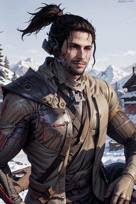 masterpiece, best quality, 1boy, solo, JetstreamSam, beard, <lora:JetstreamSam:0.75>, outfit sekiro, <lora:Outfit_Sekiro:1>, smile, hand on own face, closed mouth, cowboy shot,