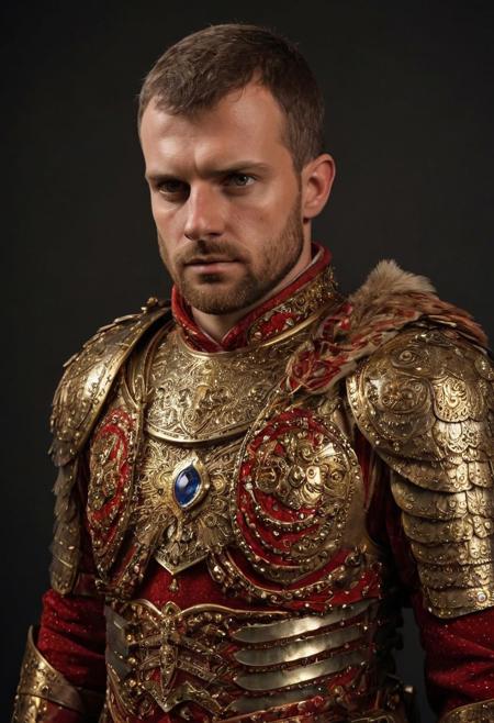 winged hussars, ornate brass stylized wings on back of man, 2 large hussar wings behind back, undercuthaircut, Photorealistic oil painting of (Handsome:1.1) (Polish) (Irish) (Slavic) (bright sapphire eyes) (half-dragon warrior-prince:1.2) with (intricate metallic red brass scales seamlessly melded into arm and neck:0.9), 18-year-old, (darkblonde undercut short hair:1.1), (medieval fantasy clothing:1.2), grimdark fantasy, (medieval) fantasy, high fantasy, epic fantasy, (upper body:1.3) (medium shot:1.3) taken with (fujifilm xt3:1.1), film grain, dark style, raking light dramatic hard shadows, (dramatic lighting:0.9), material contrast, cinematic composition, intricate details, masterpiece, visually stunning, evocative, vivid deep hues, brass, red Crystal, (body transformation:1.2), <dhevv:ds-style:rsd1.5>, realistic eyes, scaleborn, scales, undercut, royal, red armor, symmetrical armor, large nose, wide nose, wide nosebridge, tallnose, dour expression, full beard,