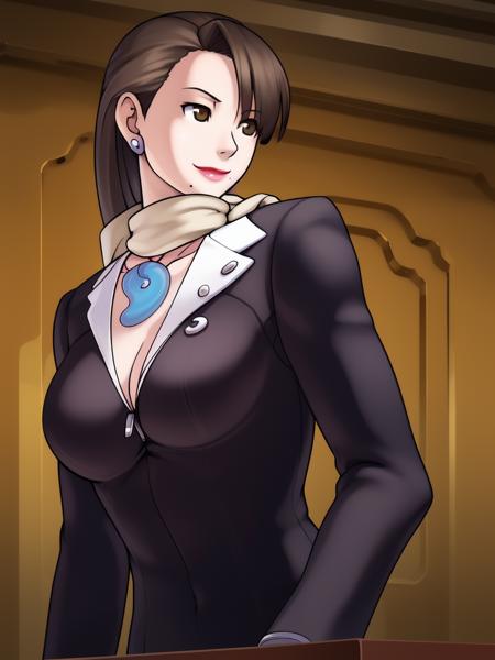 Ayasato Chihiro, 1girl, solo, Ayasato Chihiro, 1girl, solo, cleavage, jewelry, long hair, necklace, earrings, large breasts, brown hair, brown eyes, bangs, lipstick, scarf, suit, jacket, magatama necklace, blunt bangs, mature female