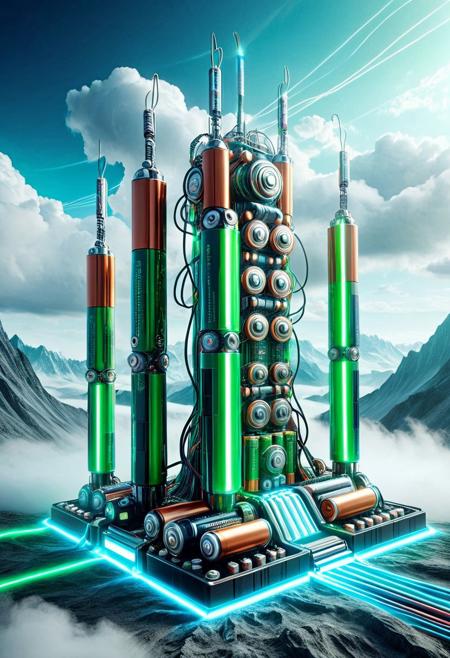 (masterpiece), (best quality), ultra-detailed, colossal futuristic power plant made entirely of stacked AA and AAA batteries, battery towers connected by glowing energy cables, massive capacitor domes, glowing energy cores, ambient blue and green lights pulsating through the structure, steam and fog effects, cinematic HDR lighting, volumetric light rays, reflective metallic surfaces, biomechanical fusion of organic mountain shapes and industrial battery design, soft atmospheric haze, dystopian yet majestic energy landscape, surreal architecture, 8k render, world morphing concept art