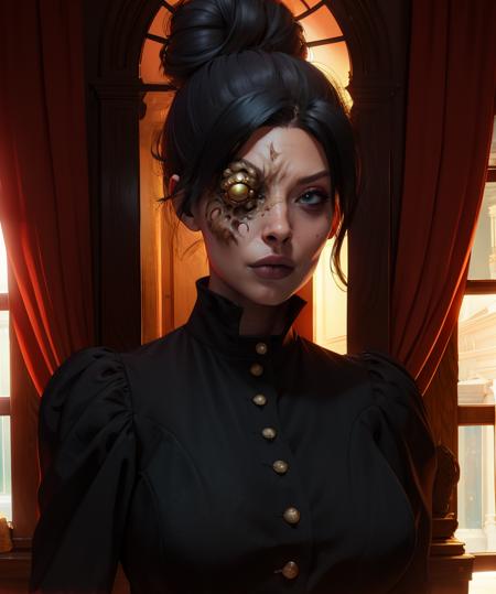 donna,black hair,hair bun,
black dress,eye tumor,right eye injury,
standing,upper body, 
mansion,dim lighting,
(insanely detailed, masterpiece, best quality),solo,<lora:donnabeneviento:0.9>,