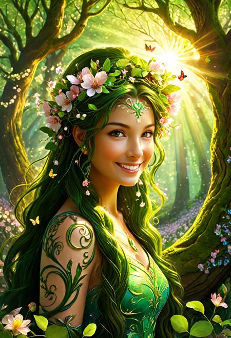 Dryad, spring forest, blooming flowers, green vines, radiant smile, cherry blossom petals falling around, birds and butterflies nearby, sunbeams through fresh leaves, bark skin with floral patterns, vibrant colors, masterpiece, soft glow, magical spring mood, intricate flower detail, warm ambiance, fantasy art