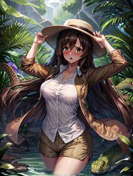 best quality, masterpiece, highres, detailed, perfect anatomy,  <lora:Detail - add_detail:0.2>,  brown jacket, white dress shirt, brown shorts, brown hat, JungleExpCh, jungle, <lyco:Change - JungleExp:0.8>, 1girl,  <lora:Character - ChihoNTR:0.7>, brown hair, long hair, brown eyes, medium breasts,  scared, afraid, green snake, river, ChihoNTR,