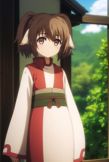 shinonon, short hair, brown hair, animal ears, (brown eyes:1.5), dog ears, twintails, short twintails, tail, ainu clothes, long sleeves,